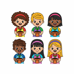 Cartoonish Cheerful Little Gardeners Holding Potted Seedlings Characters Illustration