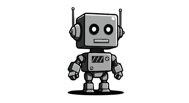 Illustration of a cartoon style robot with a square head standing on a black shadow spot