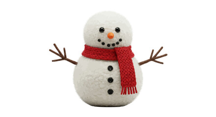 A charming snowman figure with a red scarf and twig arms stands on a white background in a studio shot