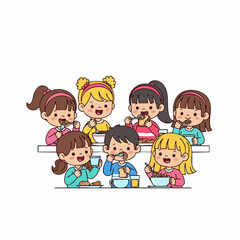 Colorful Flat Illustration of Diverse Children Enjoying Meal Together At Table
