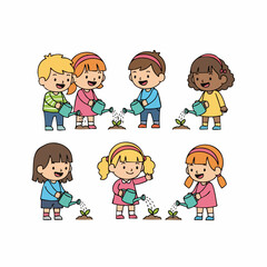 Cute Flat Illustration Diverse Kids Watering Plants Seedling Growth Education