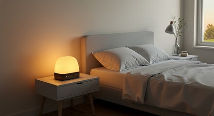 A bed with a white comforter showing a light therapy alarm clock projecting soft sunrise tones in a peaceful bedroom