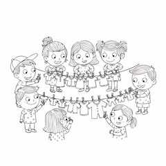 Handdrawn Cute Children Hanging Laundry on Clothesline Illustration