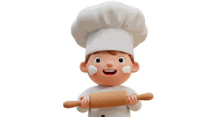 A cheerful cartoon chef holding a rolling pin wearing a tall white hat and a white uniform smiles brightly