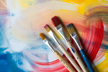 Artistic Palette: An array of paintbrushes rests gracefully atop a vibrant canvas, a symphony of colors celebrating the creative process and the artist's vision.
