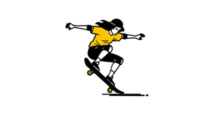 Fototapeta premium A woman with a hat is skateboarding and wearing a yellow shirt and black pants with her arms outstretched