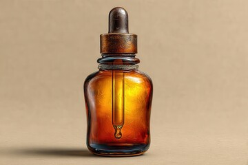Glass bottle containing amber liquid with dropper, sitting on a surface against a warm brown gradient background