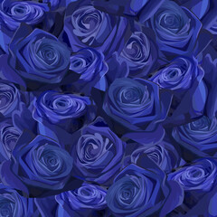 Seamless rose flower pattern in blue hues. Detailed vector art of elegant floral background for print and design. Digital hand drawn rose bouquet. Luxurious vintage rose texture.