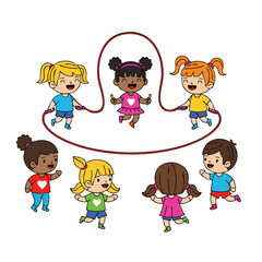 Cheerful Flat Illustration Little Children Playing Jumping Rope Group Cartoon Character