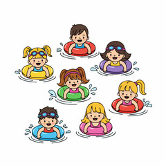 Cartoon Cheerful Children Floating With Inflatable Rings Illustration Set