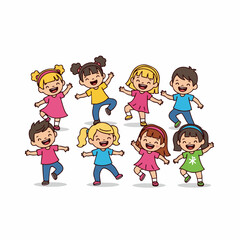 Cheerful Flat Style Dancing Children Characters Group Illustration