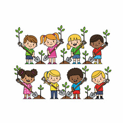 Cute Cartoon Children Planting Tree Saplings Together in Earth Day Illustration