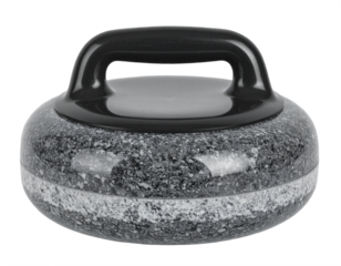 Grasping a curling stone for a powerful slide on ice, showcasing sport strategy and precision