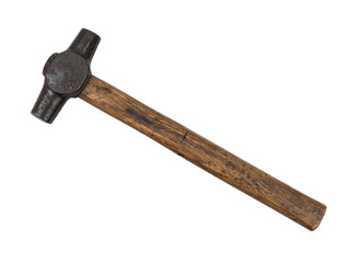 Vintage blacksmiths hammer with worn wooden handle, perfect for industrial or historical projects