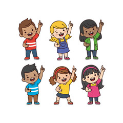 Cartoon Smiling Kids with Pointing Finger Character Illustration