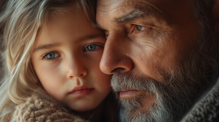 Gentle bond between a wise grandfather and his precious granddaughter, sharing a tender moment.