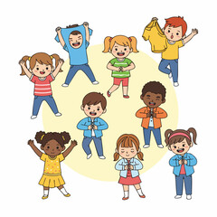 Colorful Handdrawn Children Group Activity Poses Illustration Set