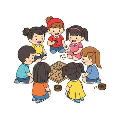 Colorful Cartoon Group of Children Playing Traditional Board Game Illustration