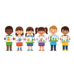 Flat Illustration of Diverse Children Holding Their Drawings Together