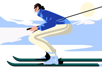 Woman in snowsuit skiing downhill on a snowy mountain slope. Dynamic winter sports action with bright clear sky and alpine landscape in the background. Energetic and joyful outdoor activity