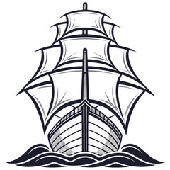 Monochrome illustration of a sailing ship on the ocean facing forward, bold outlines