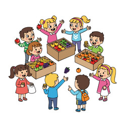 Colorful Cartoon Children at Fruit Stand Market Illustration