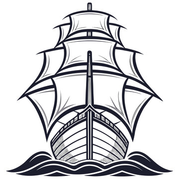 Naklejki Monochrome illustration of a sailing ship on the ocean facing forward, bold outlines