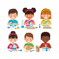 Flat Illustration Happy Children Doing Craft Activity at the Table
