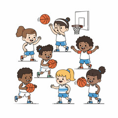 Cute Cartoon Diverse Children Playing Basketball Sport Flat Illustration