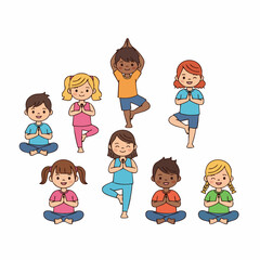 Cute Cartoon Diverse Kids Performing Yoga Poses As Meditation Illustration
