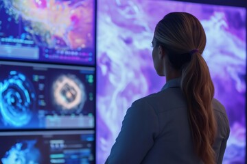 Female meteorologist studies multiple digital screens displaying weather data and maps, focusing on meteorological patterns and forecasts