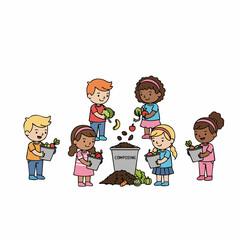 Cheerful Handdrawn Children Composting Organic Waste Together Illustration