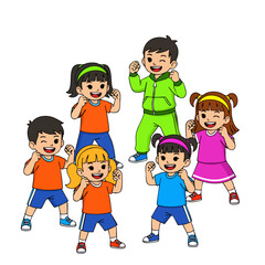Cartoon Group of Cheerful Children Doing Exercise Together Illustration