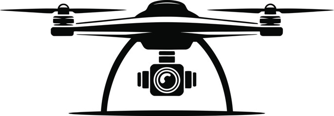 Modern quadcopter drone with camera gimbal viewed from the front in a striking silhouette