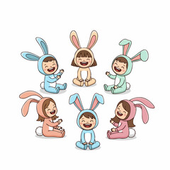 Cartoon Illustration Group of Happy Child Wearing Bunny Costume Flat Design