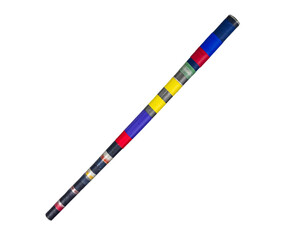 Fototapeta premium Vibrant striped ceremonial staff crafted with colorful tape, symbolizing tradition and cultural heritage.