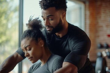 Personal trainer providing support to a woman during her workout session in a fitness center, focusing on strength and motivation