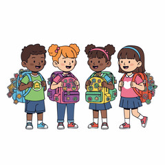 Colorful Handdrawn Group of Children Wearing Backpacks Ready for School Illustration