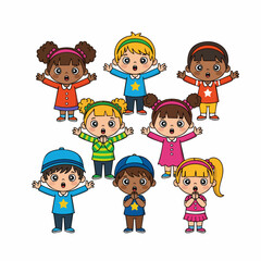 Cartoon Flat Style Various Children Group Illustration Characters