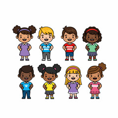 Colorful Flat Cute Diverse Group of Children Characters Illustration
