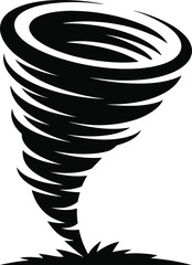 Stylized black and white illustration of a powerful tornado swirling violently with a rough texture silhouette