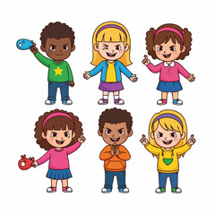 Cartoon Adorable Diverse Kids Standing Characters Isolated Flat Illustration