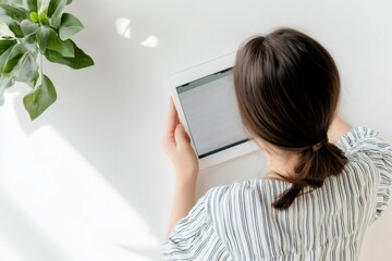 Woman holding a tablet with a blank screen, positioned at a white desk adorned with a plant, viewed from over the shoulder