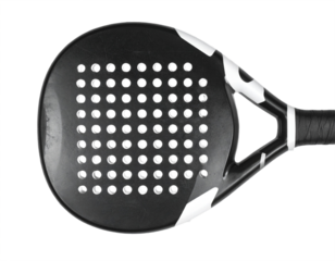 Professional black padel racket with striking white accents, ready for powerful play