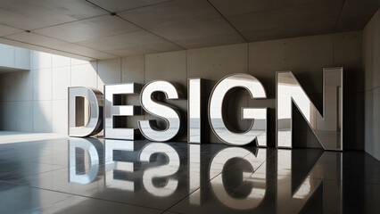 Reflective Design: Polished letters in a concrete hall showcasing modern aesthetics.
