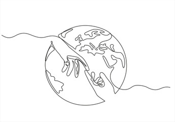 Continuous one line drawing of two hand's touch in one line art style isolated on a globe. Rescue, assistance, care icon.  Hand drawn one line vector. Editable stroke