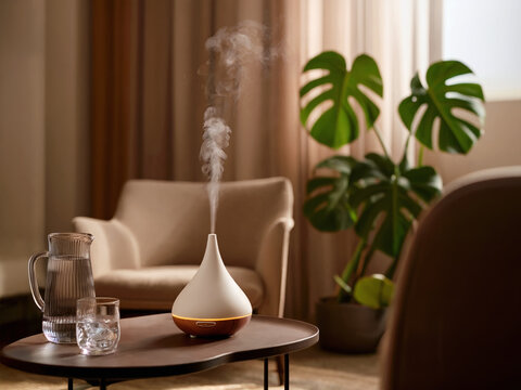 Modern aroma diffuser releasing vapor in bright lounge with armchair, monstera plant and glass pitcher on table