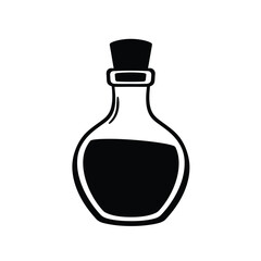 Black and White Potion Bottle Illustration with Cork Stopper and Dark Liquid Inside Ideal for Fantasy and Halloween Themes