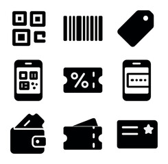 Mobile Coupon Icons. olid, filled icons set of mobile coupon use: QR code, barcode icon, coupon tag, mobile