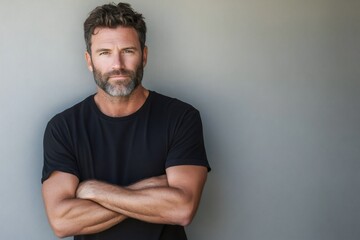 Fototapeta premium Portrait of a serious middle aged man with crossed arms and a beard, exuding confidence against a gray backdrop